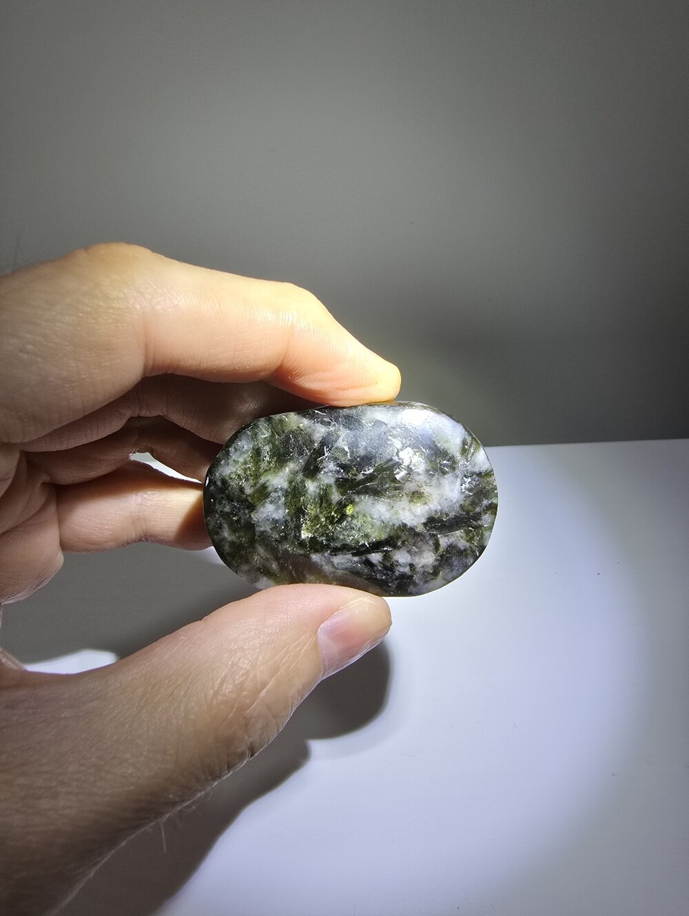 Epidote in Quartz Crystal Palmstone #C - Picture 3 of 6